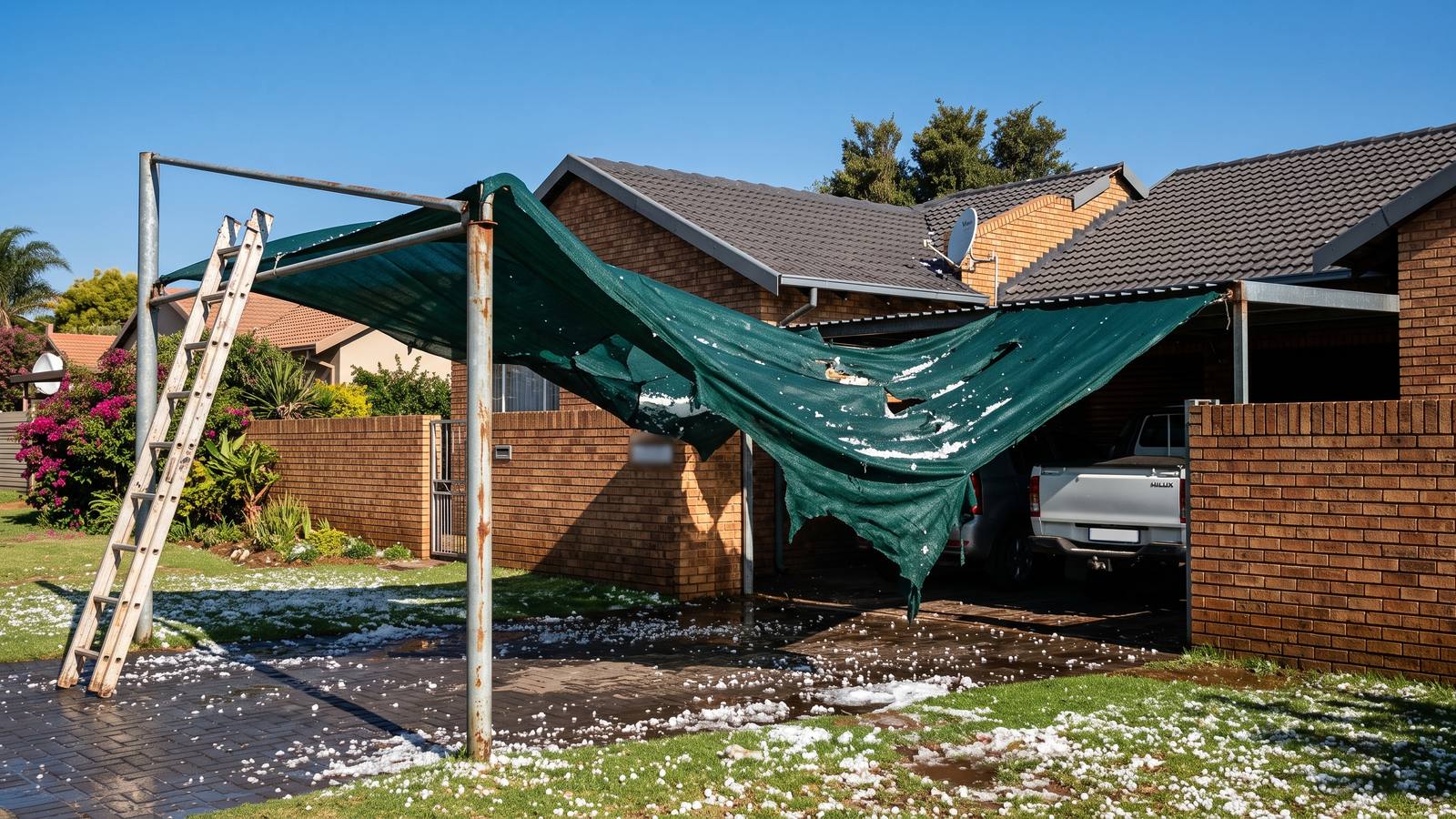 Torn green shade net hanging from a carport frame with hailstones melting on the paving.