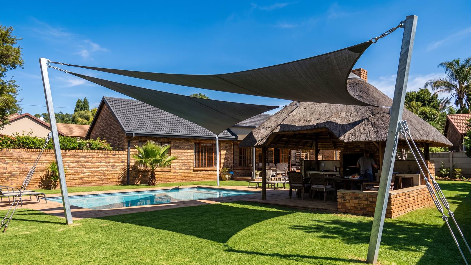 Two charcoal shade sails on raked galvanised posts over a thatched lapa and swimming pool.